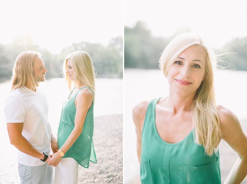green and white engagement photos by the mississippi river