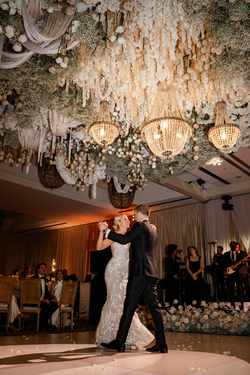 floral installation at ballroom wedding