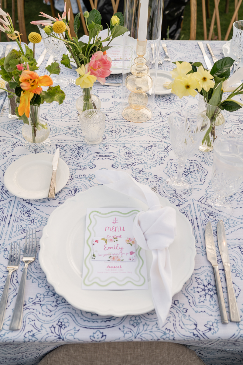 colorful florals with blue and white linens